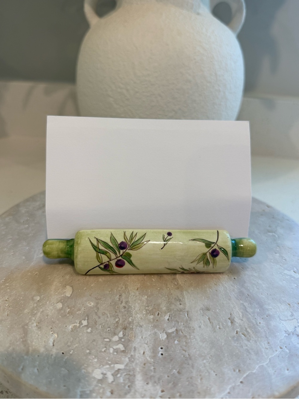 Hand-Painted Green Olive Motif Ceramic Card Holder